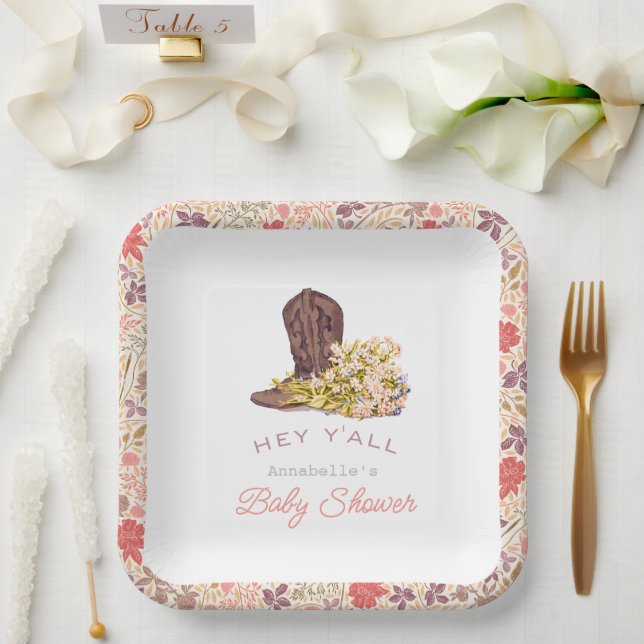 Hey Y'all Cowboy Boot & Bouquet Girl Baby Shower Paper Plate (Wedding)