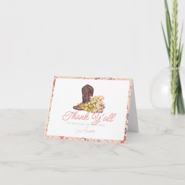 Hey Y'all Cowboy Boot & Bouquet Girl Baby Shower Thank You Card (Front)