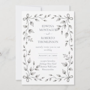 HHS Botanical Leaf and Ribbon Hand Drawn Wedding Invitation