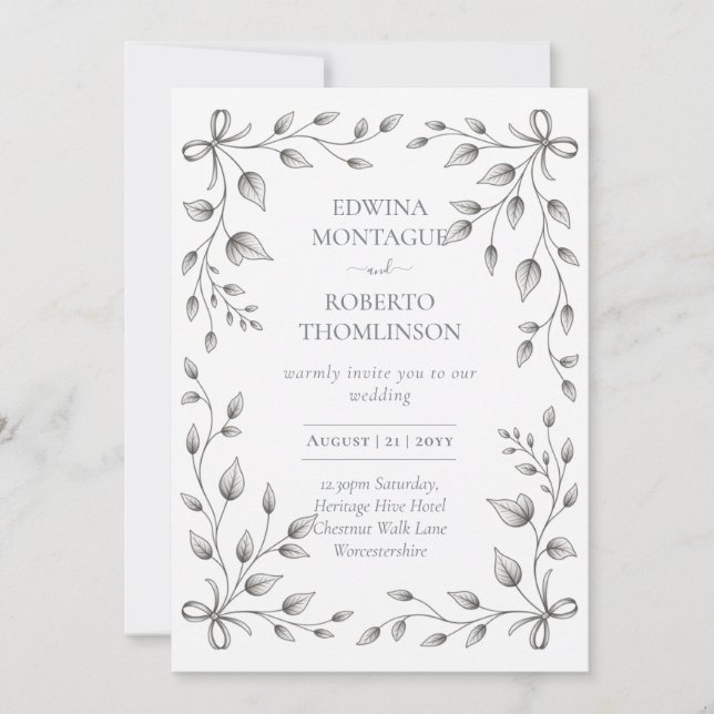 HHS Botanical Leaf and Ribbon Hand Drawn Wedding Invitation (Front)