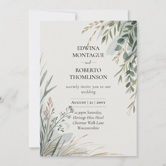 HHS Greenery Botanical Watercolor Elegant Wedding Invitation (Front)