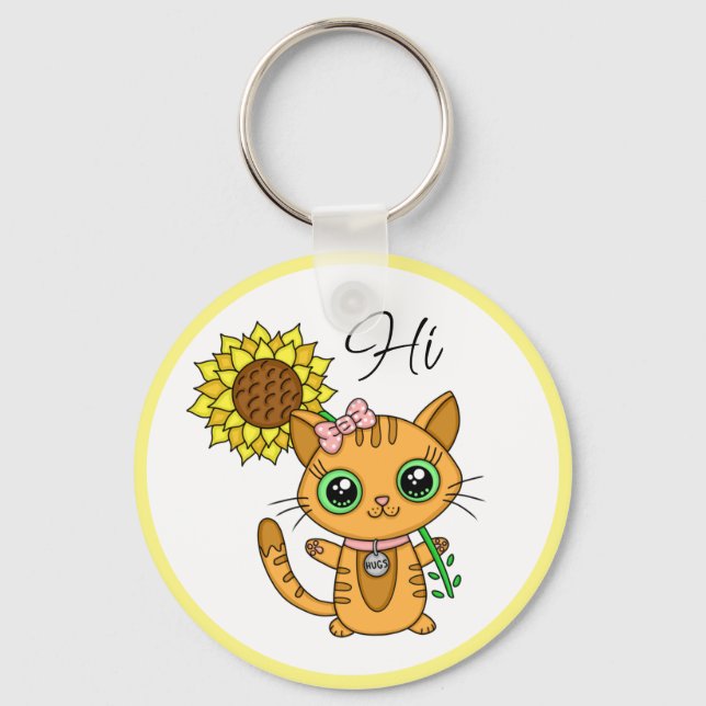 Hi and Hugs | Cute Cat with Sunflower Key Ring (Front)