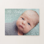 Hi Baby Photo Chic White Script Newborn Picture Jigsaw Puzzle<br><div class="desc">Chic white typography overlay of Hi Baby and your beautiful newborn photography on this simple small photo birth announcement puzzle. Perfect gender neutral photo template for a baby boy or girl on this lovely minimalist gift.</div>