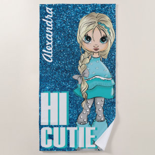 Hi Cutie Girl Personalised with Glitter background Beach Towel