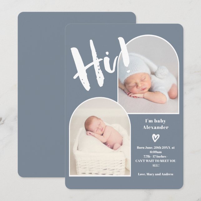 Hi dusty blue script heart 2 photo arch baby birth announcement (Front/Back)