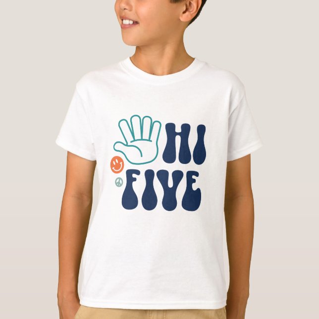 Hi Five! Retro Stripe 5th Birthday T-Shirt (Front)