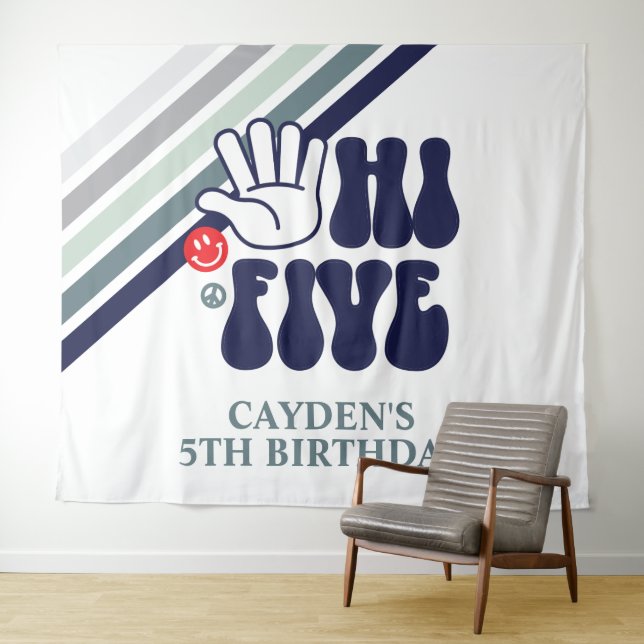 Hi Five Retro Stripes birthday Tapestry (In Situ (Horizontal))