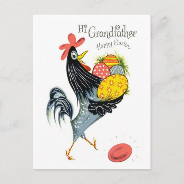 Hi Grandfather Happy Easter Retro Rooster and Eggs Postcard (Front)