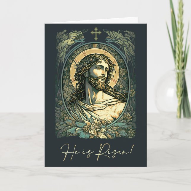  Hi is Risen! Art Nouveau Jesus Painting Easter Holiday Card (Front)