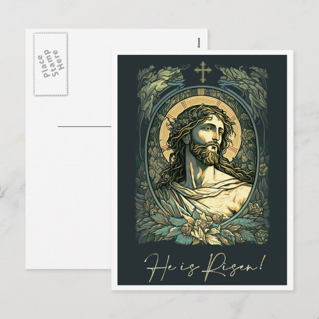  Hi is Risen! Art Nouveau Jesus Painting Easter Holiday Postcard (Front/Back)