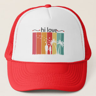 Hi Love Retro Sunset Palm Silhouette Trucker Hat