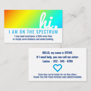hi ON THE AUTISM SPECTRUM medical id Business Card