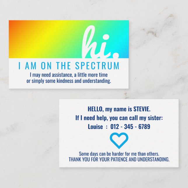 hi ON THE AUTISM SPECTRUM medical id Business Card (Front/Back)