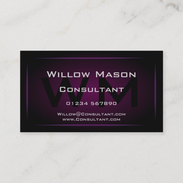 Hi-Res Purple Monogram Professional Business Card (Front)