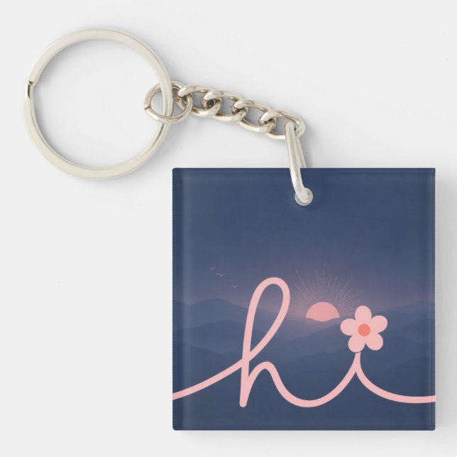 "hi" Script Mountain Sunset Design Key Ring (Front)
