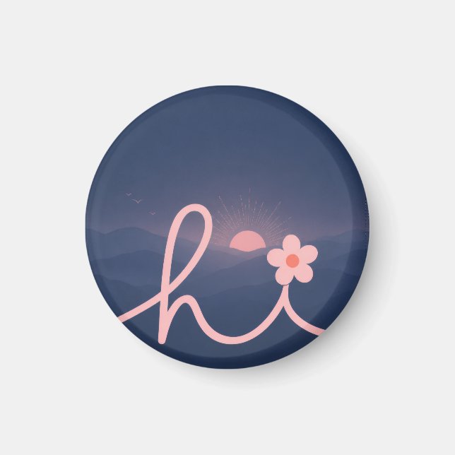 "hi" Script Mountain Sunset Design Magnet (Front)