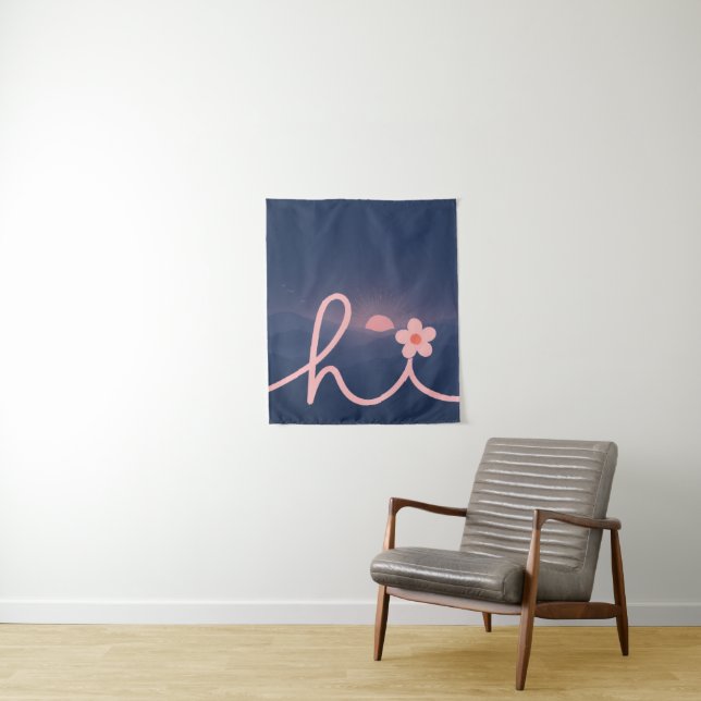 "hi" Script Mountain Sunset Design Tapestry (In Situ)