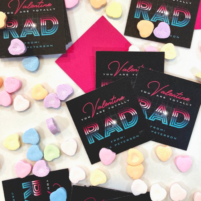 Hi-tech 80s Hot Pink Totally Rad Valentine  Card (retro future 1980s style hi-tech rad neon classroom valentine with black, hot pink, and neon blue
)
