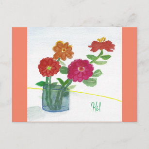 Hi! thinking of you painted flowers in a vase  postcard