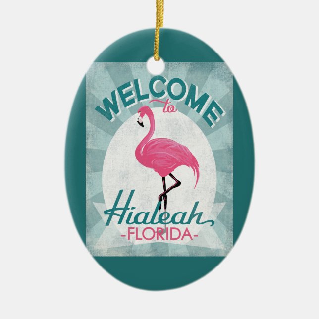 Hialeah Florida Pink Flamingo Retro Ceramic Tree Decoration (Front)