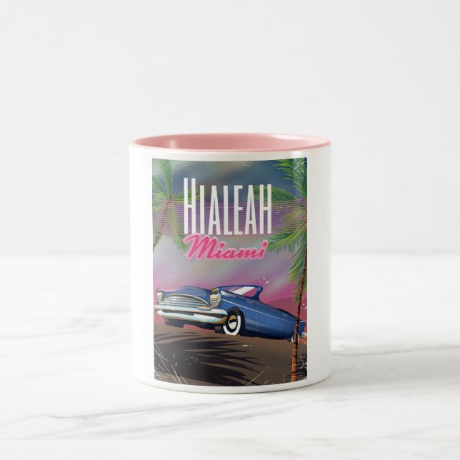 Hialeah Florida USA 80s travel poster Two-Tone Coffee Mug (Center)