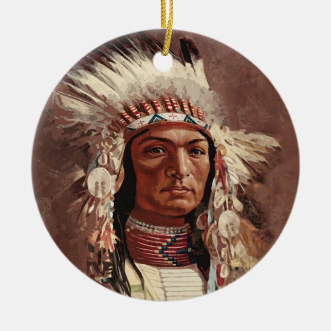 Hiawatha Native American Indian Chief Portrait Ceramic Tree Decoration (Front)
