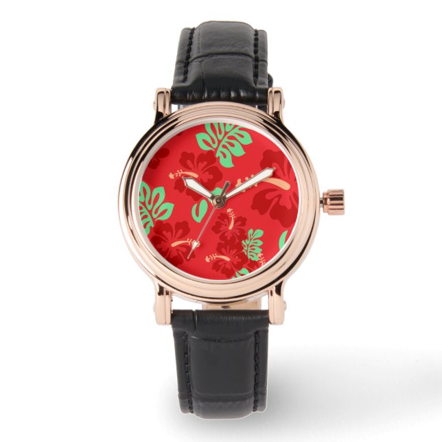 Hibicus Flowers Red Tropical Pattern Watch (Front)