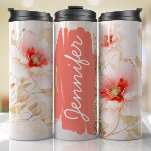 Hibiscus Add Name Peach Floral Custom Gift Thermal Tumbler
