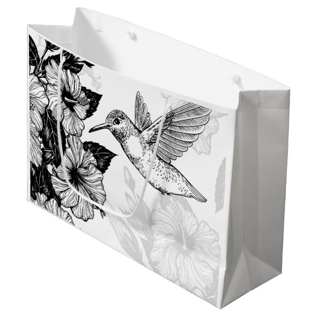 Hibiscus and hummingbird large gift bag (Front Angled)