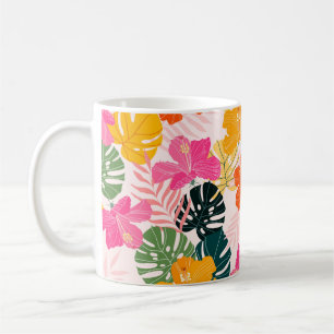 Hibiscus and monstera leaves tropical pattern desi coffee mug