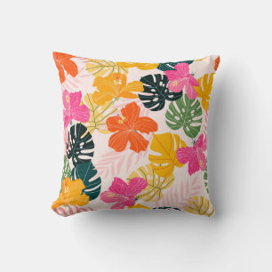 Hibiscus and monstera leaves tropical pattern desi cushion