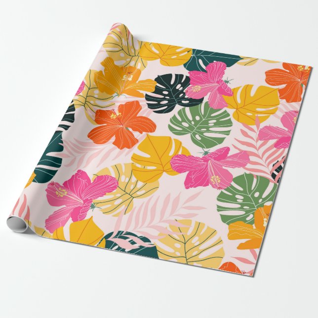 Hibiscus and monstera leaves tropical pattern desi wrapping paper (Unrolled)