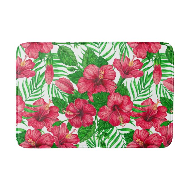 Hibiscus and palm leaves bath mat (Front)