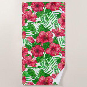 Hibiscus and palm leaves beach towel