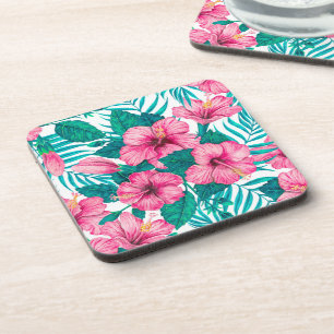 Hibiscus and palm leaves coaster