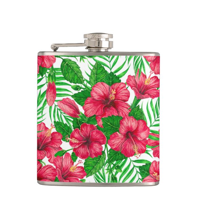 Hibiscus and palm leaves hip flask (Front)