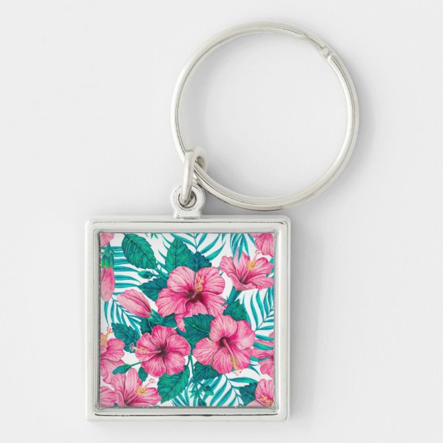 Hibiscus and palm leaves key ring (Front)