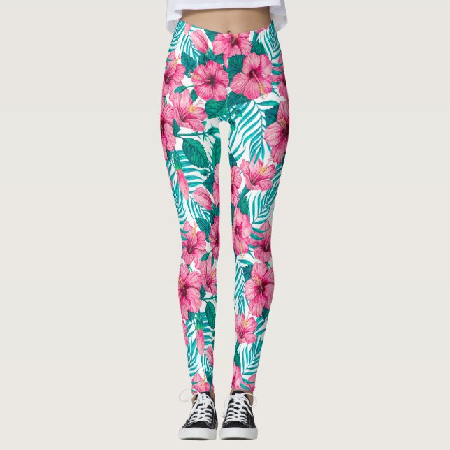 Hibiscus and palm leaves leggings (Front)