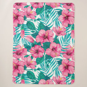 Hibiscus and palm leaves sherpa blanket