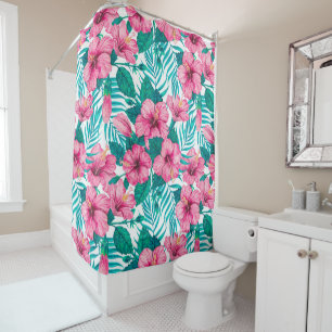 Hibiscus and palm leaves shower curtain