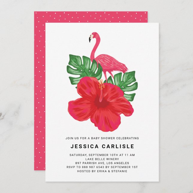 Hibiscus and Pink Flamingo Tropical Baby Shower Invitation (Front/Back)