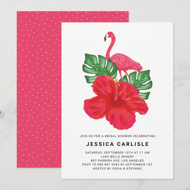 Hibiscus and Pink Flamingo Tropical Bridal Shower Invitation (Front/Back)