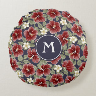 Hibiscus and Plumeria - Maroon Round Cushion