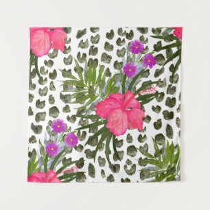 Hibiscus Animal: Watercolor Seamless Pattern. Tapestry