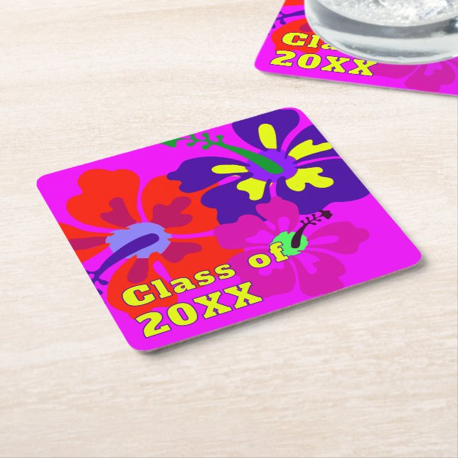 Hibiscus Art Graduation Year Square Paper Coaster (Angled)