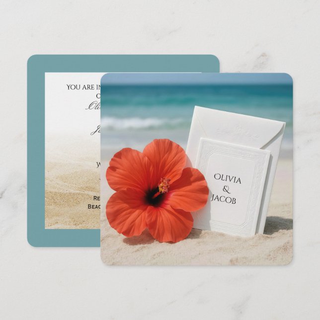 Hibiscus Beach Wedding Invitation In Sand (Front/Back)