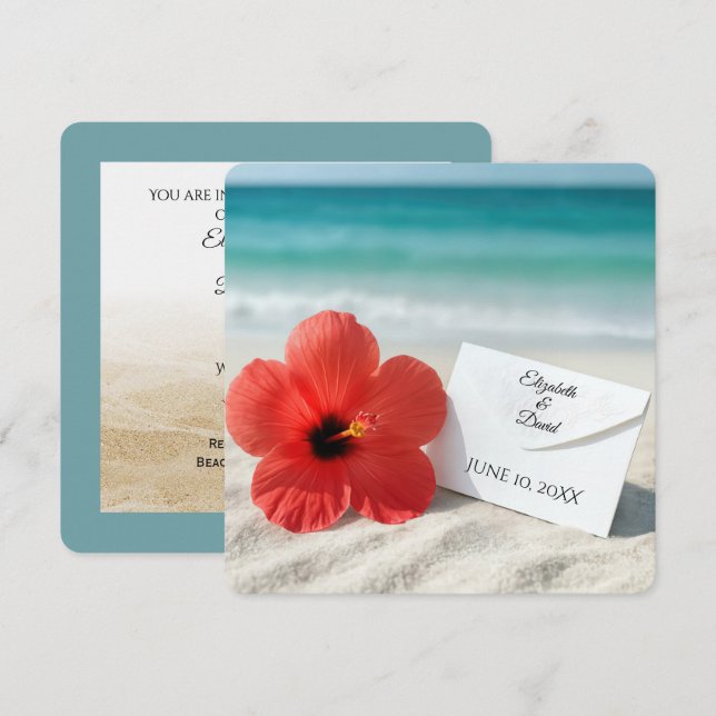 Hibiscus Beach Wedding Invitation In Sand (Front/Back)