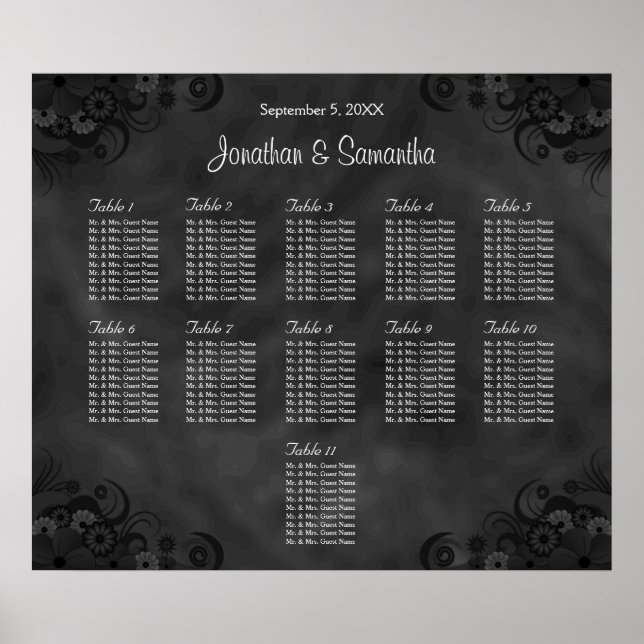 Hibiscus Black 11 Tables Wedding Seating Chart (Front)
