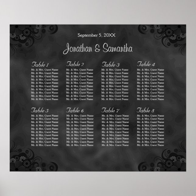 Hibiscus Black 8 Tables Wedding Seating Chart (Front)