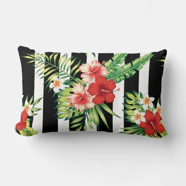 Hibiscus & Black & White Stripes Background Lumbar Cushion (Front)